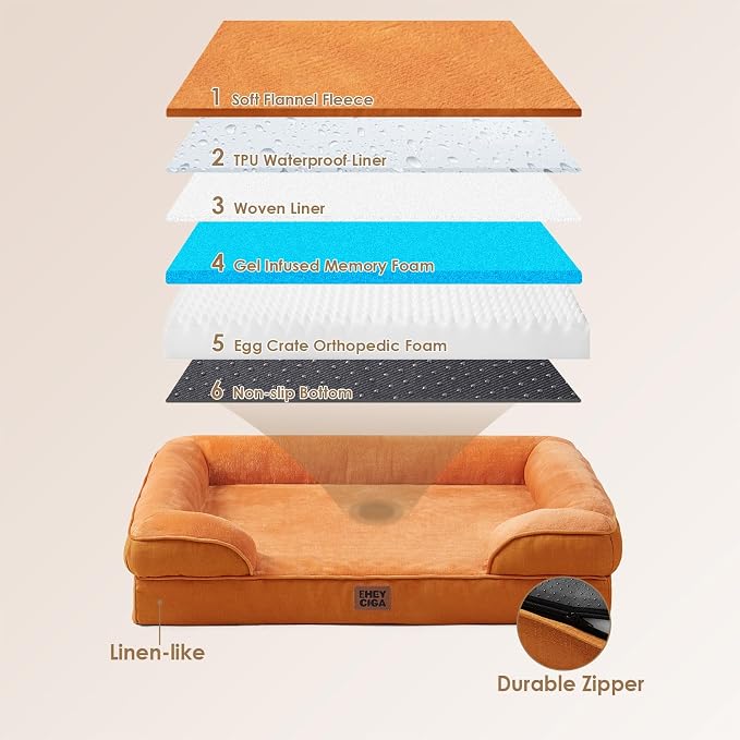 EHEYCIGA Orthopedic XXL Dog Bed, Waterproof Washable XL Big Pet Bed 52" | Non-Slip Bottom and Egg-Crate Memory Foam Extra Large Pet Couch Bed with Washable Removable Cover, Pumpkin Orange
