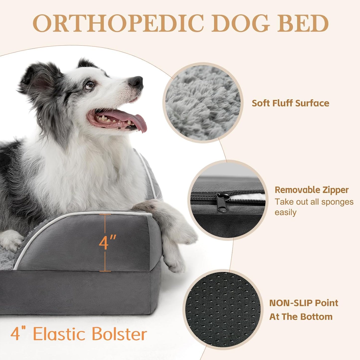 Comfort Expression Medium Dog Beds Waterproof Orthopedic Foam Dog Sofa Beds for Medium Large Dogs Comfy Pet Bed with Washable Removable Cover & Non-Slip Bottom(Medium,Grey)