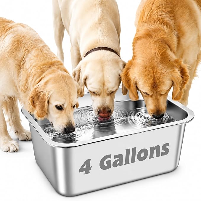 YUEPET Large Stainless Steel Dog Water Bowl, 4 Gallon Bowl for L Dogs | Outdoor Dog Water Bowl, 4 Gallon Capacity, Food and Water Use, Rounded Corners, Raised Edge, Easy to Clean, XL Dogs