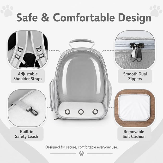 Expandable Cat Carrier Backpack for Cats & Dogs, Bubble Window Pet Travel Backpack with Breathable Mesh, Anti-Collapse Structure, Side Door, Safety Leash, for Vet Visits, Hiking, Outdoor, Grey
