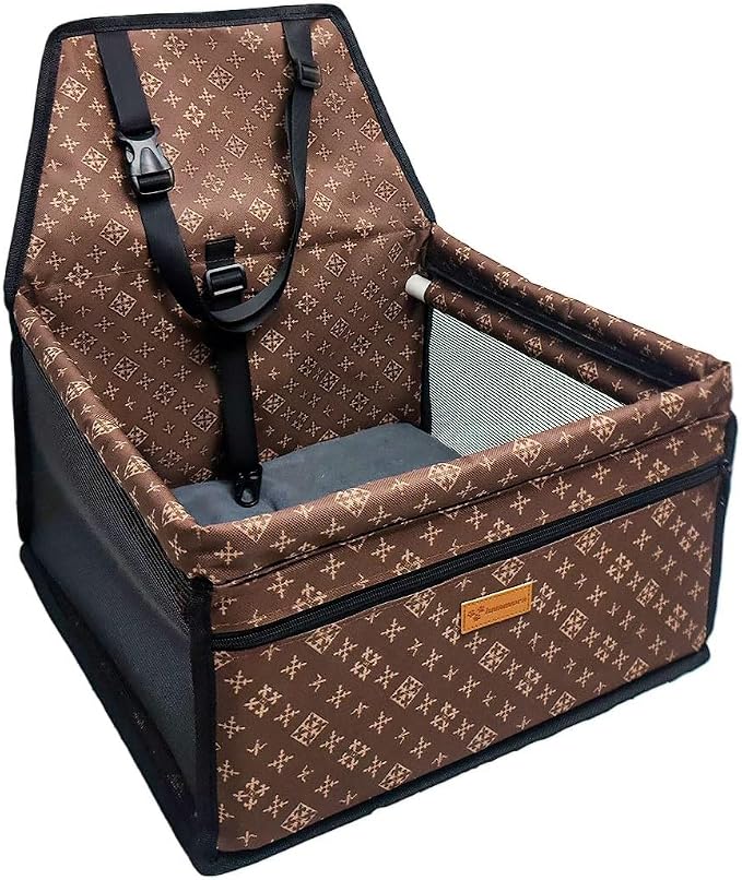 Pet Dog Booster Seat, Upgrading the Framed wall to Prevent Collapse，Breathable and Foldable Pet Car Basket，Removable andWashable pet car seat (Brown)