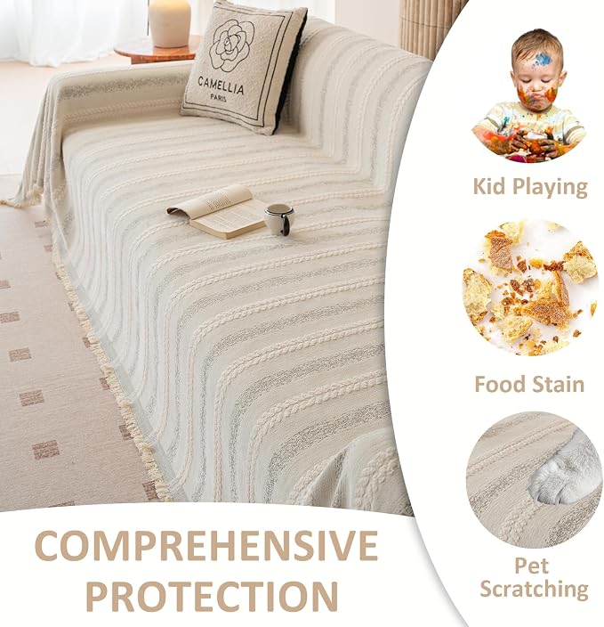 VClife Chenille Sofa Cover Bohemian Striped Pattern Couch Cover for 2 Cushion Sofa - Cream and Gray Textured Sofa Slipcover Washable Furniture Protector for Couch Decorative Couch Cushion Cover