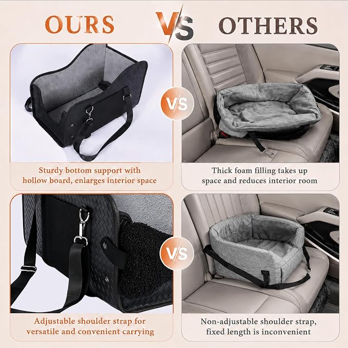 Dog Car Seat for Small Dogs，Center Console Pet Booster Car Seat | Pet Car Seat (Up to 15 lbs), Adjustable Straps, Storage Pocket, Anti-Collapse, Washable Reversible Seat Cushion Black