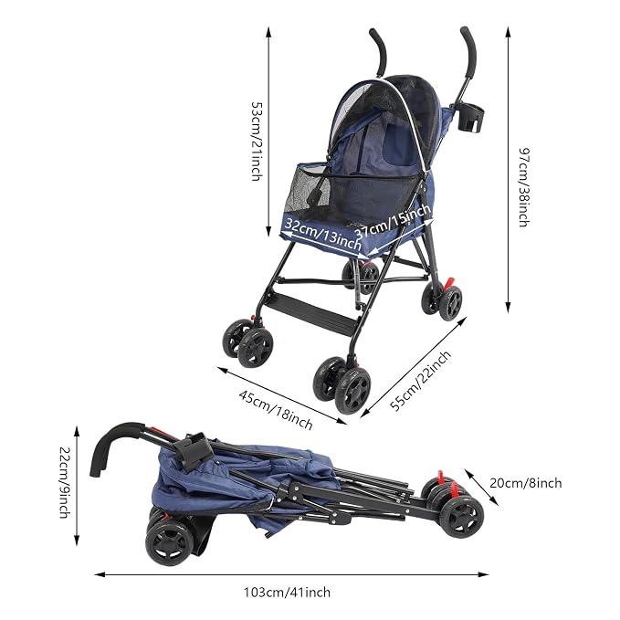 Pet Stroller for Small Medium Dogs Cats up to 22 lbs, Lightweight Foldable Dog Stroller with 360° Wheels & Brakes, Safety Tether, Breathable Mesh, Removable Washable Cushion