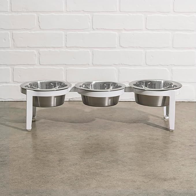 Vision Triple Diner - 3 Bowl Dog Feeder - Small to Medium Dogs - Multi-Dog Feeding Station - UV Weather Resistant - No Noise - Indoor/Outdoor (White, Medium - 7" Ht)