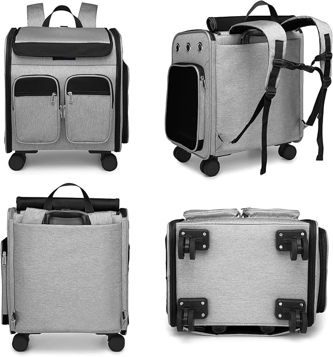 Wheeled Pet Carrier Backpack Pet Stroller, Travel Carrier, Car Seat for Small Dogs Cats Puppies, Comfort Cat Backpack Removable Rolling Wheels – Mesh Ventilation Windows (Large Grey)