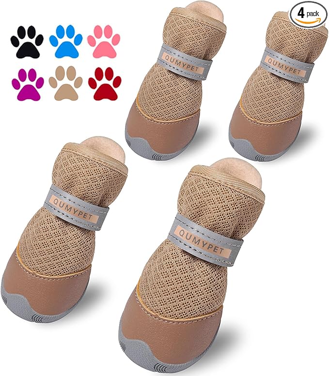 QUMY 4PCS Dog Shoes for Small Dogs, Hot Pavement Summer Puppy Dog Boots & Paw Protectors with Soft Anti-Slip Rubber Sole, Mesh Breathable Dog Booties for Hardfloors, Walking Running Khaki Size 3