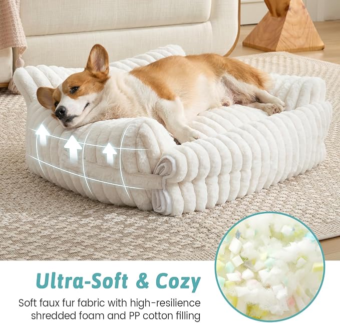 COZY KISS Cute Cat Bed with Removable Cover, Multifunctional Plush Faux Fur Pet Couch Bed with Blanket, Ultra-Soft Pet Furniture for Cats & Small Dogs (Cream, M: 32''x24'')