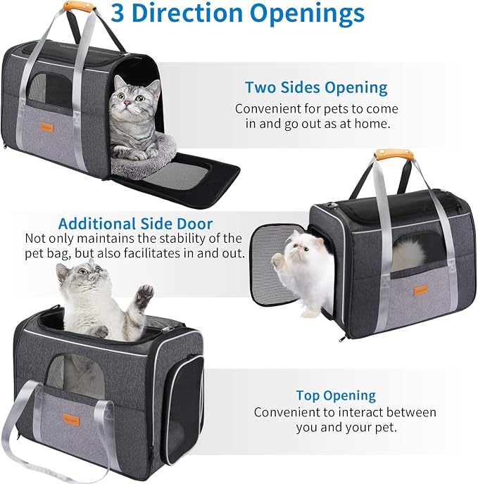 Morpilot Top and Side Expandable Cat Carrier, Collapsible Soft-Sided Pet Carrier for Medium/Large Cats and Puppies up to 20lbs for Car Rides and Vet Visits, with Dual-Sided Cushion& Bowl (Brown)