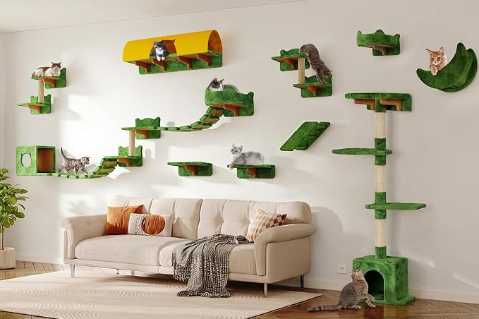 Cat Wall Furniture, 26 in 1 Cat Shelves w/Cat Tree, Tunnel, Green | Wall Mounted Cats Furniture Set w/Plush Fabric, Cat Climbing Systems for 16 Inch Drywall, with Scratching Posts, Bridge, Moon