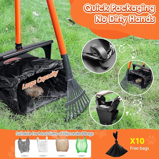 SlowTon Dog Pooper Scooper - 37.4" Long Metal Handle Adjustable Rake & Spade & Swivel Bin with 10 Waste Bags, Portable Pooper Scooper for Gravel Lawn Grass, Suit for Small Medium Large Dog
