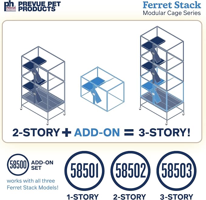 Prevue Pet Products Ferret Stack Two Story Ferret Home - Portable Stand, Escape Proof Lock, Includes Hammock & Ramps, Expandable Two Story Cage Stacking System with Wheels - Black