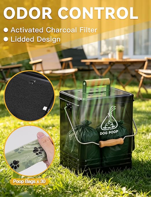 Dog Poop Trash Can Outside, Metal Pet Waste Trash Can with Lid & Handle, 5L/1.3Gal Dog Waste Station with Bag Holder & 30 Bags(Black)