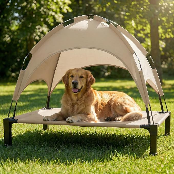 Elevated Dog Bed with Canopy Raised Pet Cot for Large Dogs, Outdoor Dog Cot with Removable Sun Shade Tent, Breathable Mesh Portable Dogs Cot for Camping, Beach, Backyard, Outdoor Use
