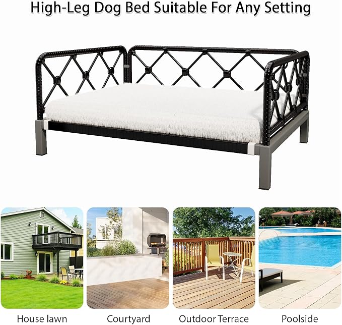 Indoor & Outdoor Dog Bed, Elevated All-Weather Wicker Pet Sofa with Washable Waterproof Cushion, Durable Rattan Dog Couch for Small Dogs, Black Rattan/White Mat