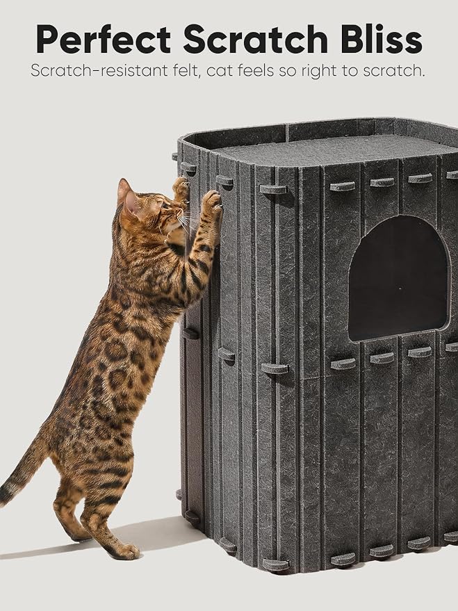 FUKUMARU Cat House for Indoor Cats, Warm Felt Cat Bed, Scratch Resistant | Large Cat Bed Cave, 3-in-1 Cat Condo, Cozy Felt Covered Cats Tunnel, 23.62 Inch Kitten Hideaway for Multicats, Dark Grey