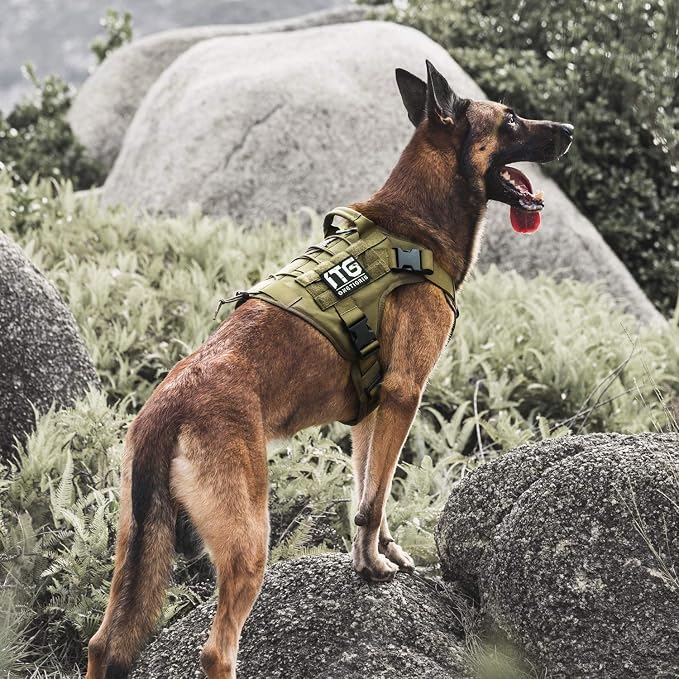 OneTigris Tactical Dog Harness, Full Body Harness with Handle for Large Dog | Heavy Duty Dog Vest for Hiking Training Outdoor Military 1000D Pullable Nylon, Service Vest with Hook & Loop Panels Green L