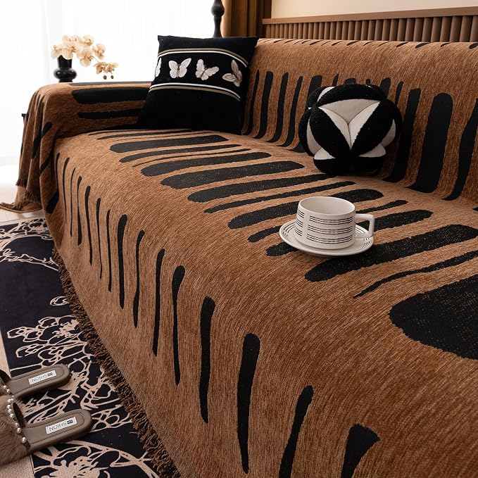 VClife Aztec Couch Cover for Sofa, Thick Plush Jacquard Couch Cover for Sectional Sofa, Breathable Washable Sofa Slipcover for Dog, Bohemian Moroccan White Pumpkin Slip Cover 71"X150"