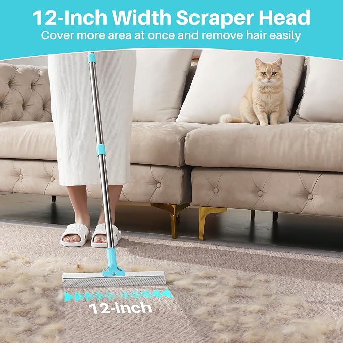 JOYMOOP 3 PCS Carpet Rake for Pet Hair Removal, 63" Adjustable Long Handle and Short Handle Reusable Pet Hair Remover, 1 Mini Cat Dog Hair Carpet Scraper for Rugs, Sofa,Cloth