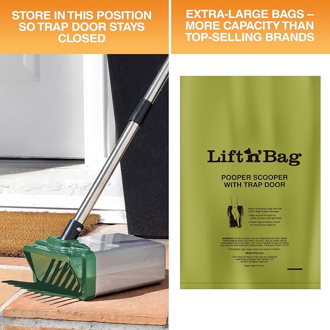 Neater Pet Brands Lift N’ Bag 2.0 Dog Pooper Scooper with Bag Attachment & 31" Pole for Small to Large Dogs, New Longer Pole, 195 Refill Bags, Heavy Duty Dog Poop Scooper for Yard, One-Hand Use