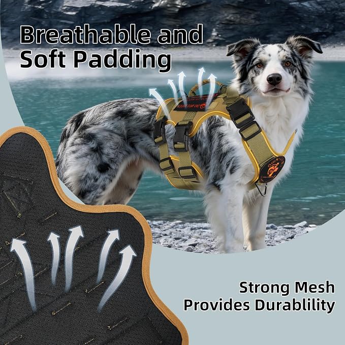 Reflective Tactical Dog Harness with AirTag Holder&3 Pet Patches, Khaki M | Heavy Duty No Pull Dog Harness, Adjustable Dog Harness, Two Handles, Breathable Mesh Padding, Resists Dirt and Stay Clean