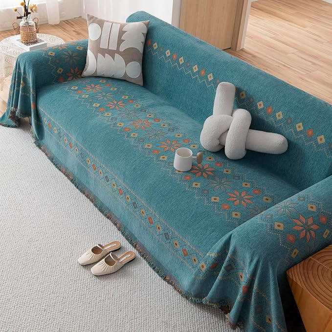 VClife Boho Couch Cover Green Geometric Jacquard Pattern Sofa Cover, 1 Piece Large Couch Covers for 3 Cushion Couch Sofa Washable Plush Chenille Sofa Protector for Living Room, 71x134 Inch