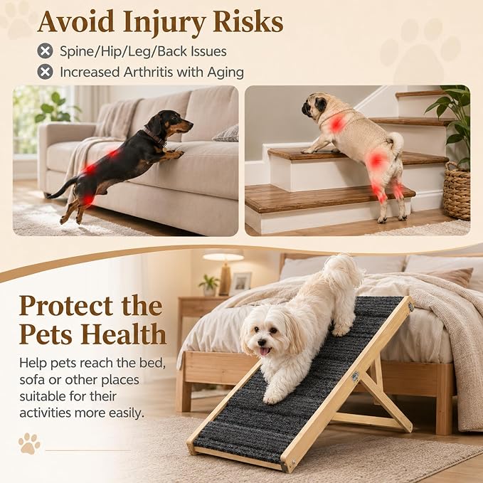 Dog Ramp for Small Dog/Bed/Couch, Foldable & Adjustable Dog Stairs | Wooden Pet Ramp, 4 Adjustable Heights from 9.25'' to 17.72", Portable Dog Step with Non-Slip Pads for Senior & Breed Dogs
