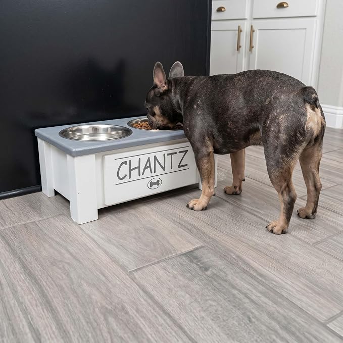 Elevated Dog Bowls for Small Dogs, Personalized Food Stand for Small Breed | Farmhouse Style, Elevated Wood Stand, Storage Container, Stainless Steel Bowls, Raised Anti-Slip Feeder, Made in USA