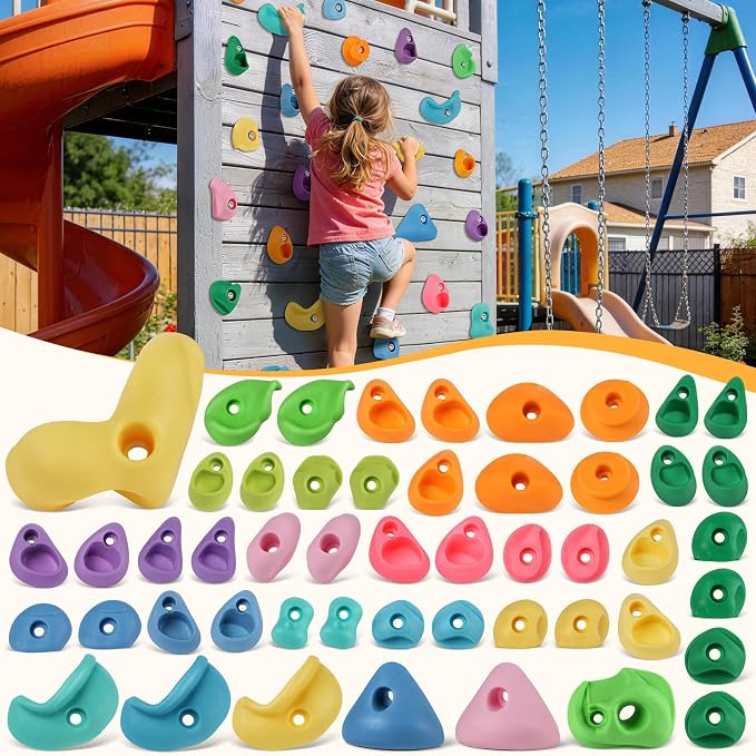 50 PCS Rock Climbing Wall for Kids,Rock Wall Climbing Holds,Adults Climbing Wall Grip Kits Holds Up to 230 lbs for Outdoor Indoor Home Playground Climbing Holds（Pastel Color）