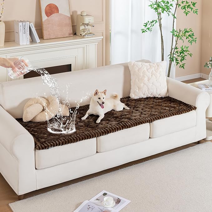 PuTian 100% Waterproof Fuzzy Couch Cover for Dogs Brown 27.6"x70.9" | Pet Friendly Dog Mat for Couch, Waterproof Sofa Protector, Scratch Resistant Furniture Cover for Dogs, Machine Washable