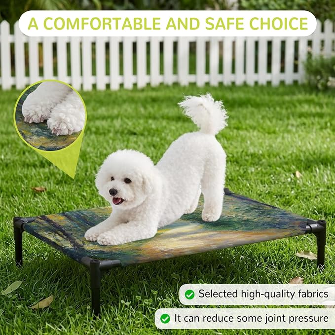 Outdoor Elevated Dog Bed for Medium Dogs, Country Forest Breathable Cooling Raised Dog Cot for Indoor/Outdoor, Farmhouse Trees Plants Nature Scenery Waterproof Elevated Pet Beds, M 24 x 20 in