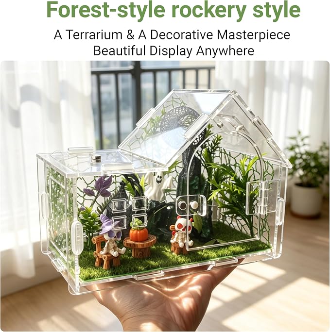 Acrylic Jumping Spider Enclosure Kit 23PCS with Decor | Gothic ornaments, plants, clear view, for mantis & tarantula