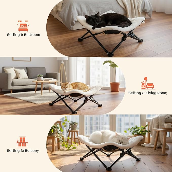 PETKARAY Foldable Cat Hammock Bed, Elevated Fluffy Kitty Lounge Furniture with Metal Frame, Raised Cat Hammock Chair for Indoor Cats