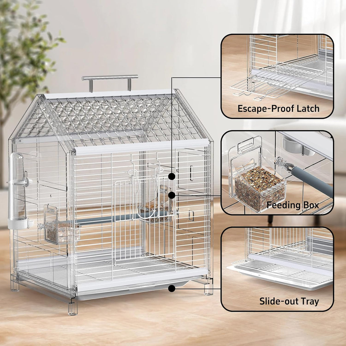 20.5 inch Pet Small Bird Cage, Parrot Cage, Portable Bird Carrier, Temporary Bird Cage in Car, for Home, Outing, Pet Clinic, Temporary Placement, for Small Medium Birds, Clear