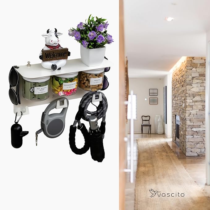 Dog Treat Holder For Wall Storage For Pets, Premium Pet Wall Organizer, Includes Three 16oz Airtight Dog Treat Jars, 3 Sets of Triple Hooks, Sturdy Shelf in Designer White