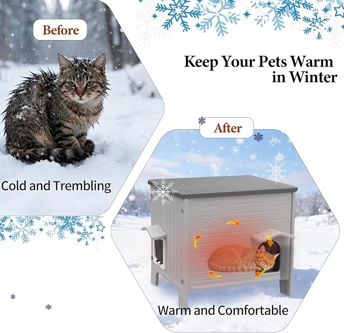 Insulated Cat House Outdoor Weatherproof Plastic Cats Houses for Winter | with Escape Door Indoor Waterproof Feral/Pet Cat Shelter Outside for Puppy, Rabbit (Grey)