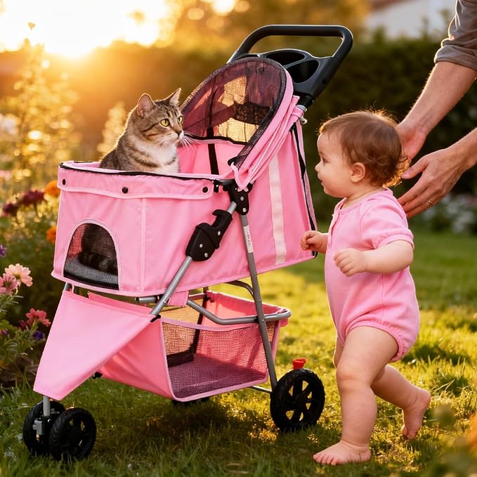 3 Wheel Pet Stroller for Dogs and Cats, Foldable, Lightweight and Durable, Ideal for Small to Medium Pets, Includes Storage Basket and Cup Holders