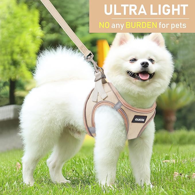 GAMUDA Small Pet Harness Collar and Leash Set, Step in No Chock No Pull Linen Fabric Soft Mesh Dog Vest Harnesses Reflective for Dogs Puppy Cats Kitten Rabbit (Khaki, XL)