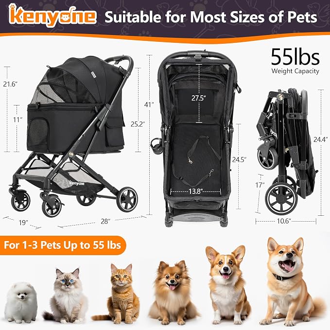 Medium Dog Stroller, Kenyone Pet Stroller for Medium Dogs Up to 55lbs, Lightweight Aluminum Frame, One Click Folding, Large Cat Stroller with No Zip Entry, Detachable Mesh, Multiple Pockets