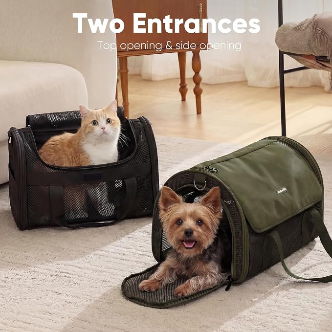 FUKUMARU Cat Carrier, Light & Airy Pet Carrier, 18x11x11 Airline Approved Dog Carrier for Small Dogs, 2-in-1 Shoulder Strap Leash, Collapsible Soft Cat Travel Carrier with Anti-Scratch Mesh, Green