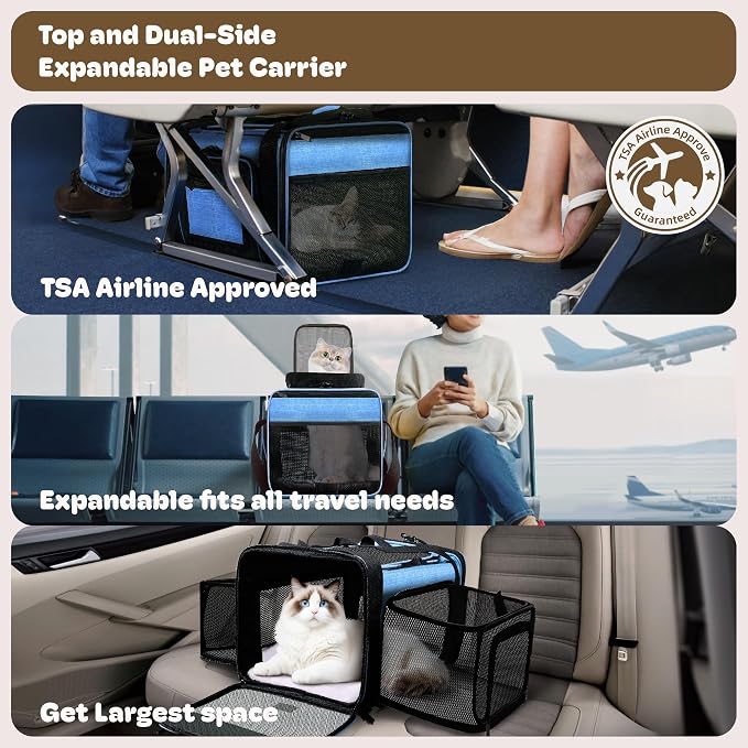 Top and 2 Sides Expandable Cat Carrier 18x11x11, TSA Airline Approved Dog Carriers for Small Dogs, Soft-Sided Pet Carrier with Self-Locking Zippers for Kitten,Rabbit, Puppy, Blue