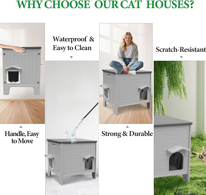 Cat House Outdoor Weatherpoof Plastic Cat Shelter Outside | with Escape Door Indoor Waterproof Feral/Pet Cat Houses for Puppy, Rabbit(Grey)