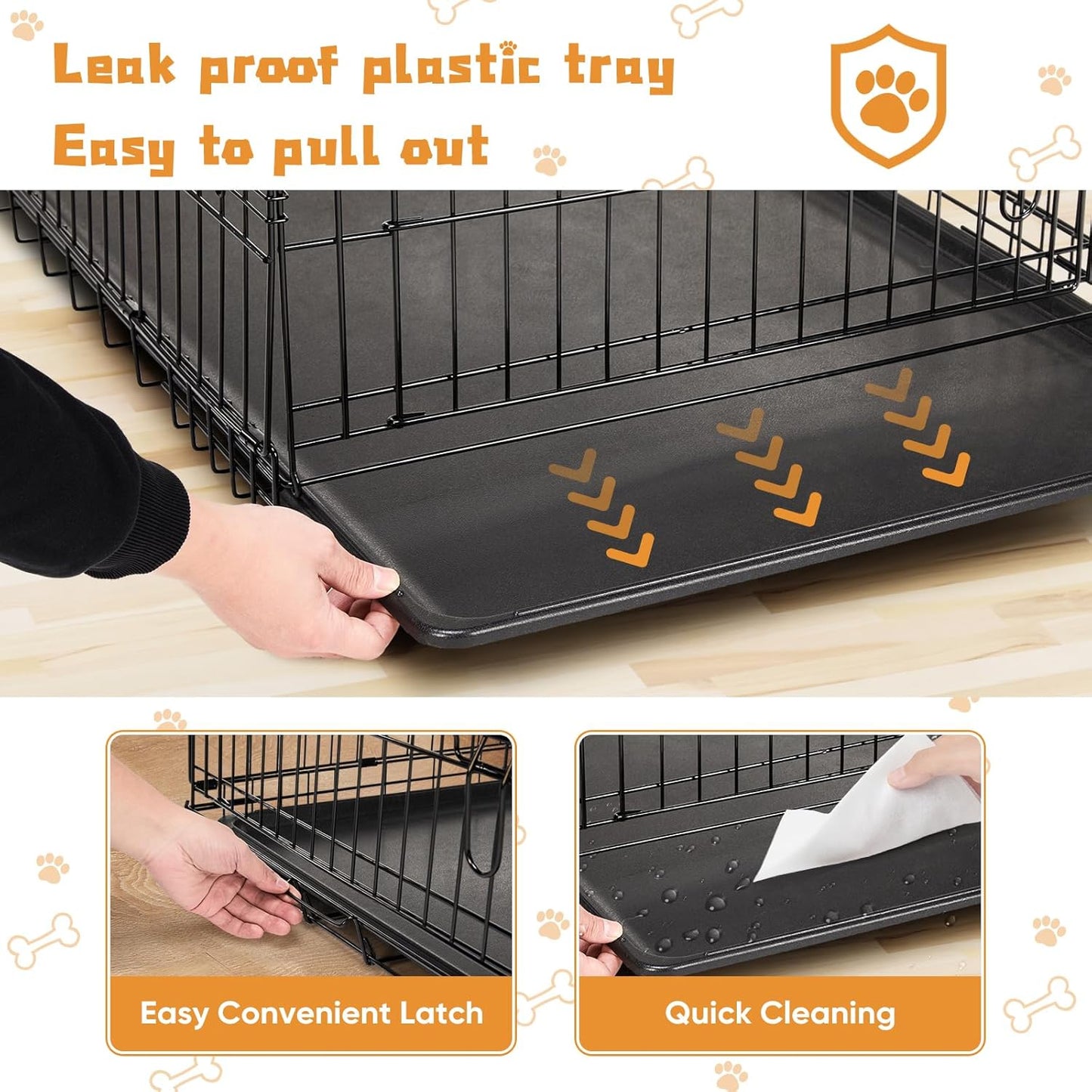 DUMOS Dog Crate, 42 Inch Large Double Door Dog Cage with Divider Panel and Plastic Leak-Proof Pan Tray, Folding Metal Wire Pet Kennel for Indoor, Outdoor, Travel