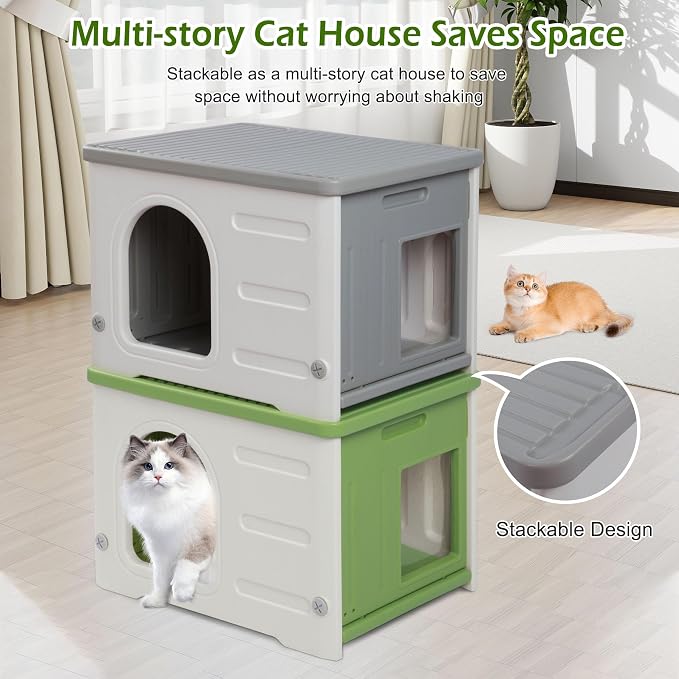 Waterproof Cat House for Outdoor Cats, Plastic Feral Cat House | with Escape with Escape Door and Soft Mat, Indoor Cat Shelter for Mutiple Cats - Grey