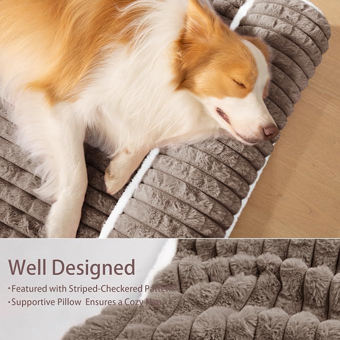 Orthopedic Large Dog Bed Pillow Pet Sofa Bed 42''X28'' Taupe | Egg-Crate Foam Pet Couch Large Sized Dog, Waterproof Removable Washable Cover,Furry Puppy Crate Mat With Nonskid Bottom