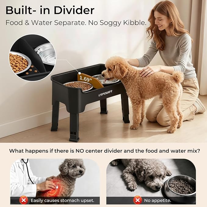 URPOWER Mess Proof Elevated Dog Bowls, Splash Guard Raised Bowl Stand | 4 Adjustable Heights, 2 Stainless Steel Bowls, Food & Water Separation, Non-Slip Base, Foldable Design for Small Dogs