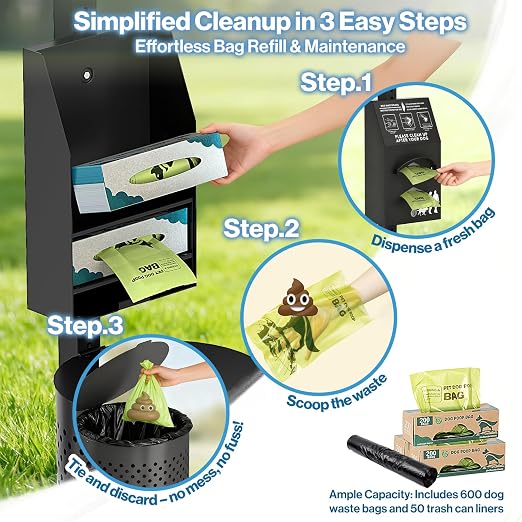 POCHAR Dog Waste Station, 10 Gallon Locking Bin with 600 Bags | Aluminum outdoor Trash Can, Waterproof Poop Disposal Bin with Sign and Lid for Park, Trail, Yard (Black)