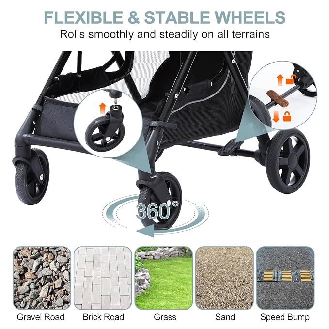 No-Zip Pet Stroller for Small Dogs & Cats, 44 lb, Light Blue | No-Zip Canopy, 44 lb Capacity, Reflective Trim, 2 Tethers, Lockable Front Wheels, Rear Brake and One-Hand Fold
