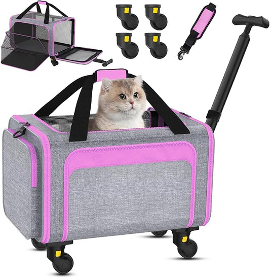 Airline Pet Carrier with Wheels, 18x11x11 for Cats & Toy Dogs | Soft-sided nylon under-seat bag, removable wheels, expandable mesh, cats & toy-breed dogs, measure pet before buying