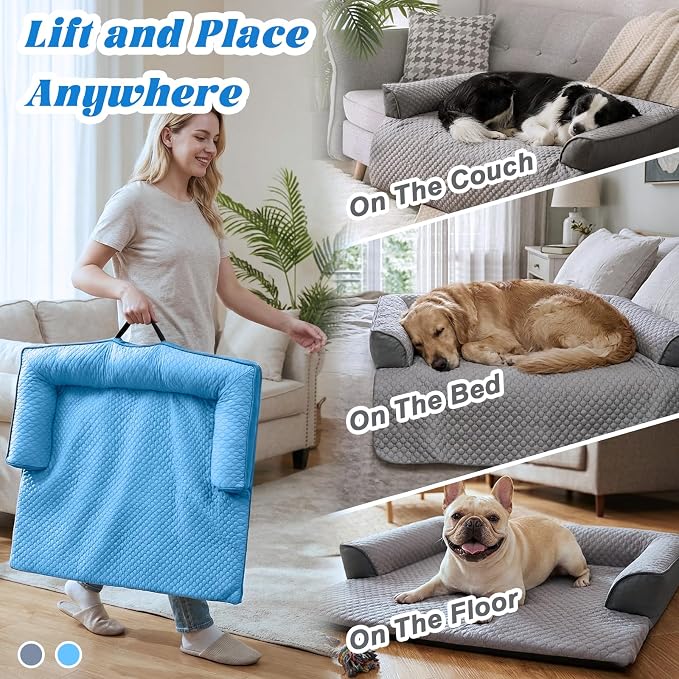 GGIB Cooling Dog Bed Mat with Bolster Pillow Washable Dog Couch Cover Breathable Summer Pet Couch Bed Protector Indoor(Medium, Cooling Blue)